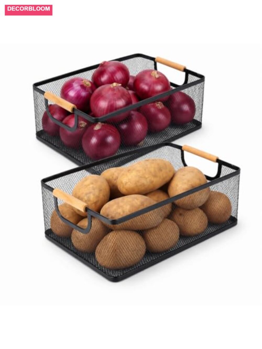 Potato Onion Storage Bin Set of 2 Mesh Vegetable Basket with Wooden Handle